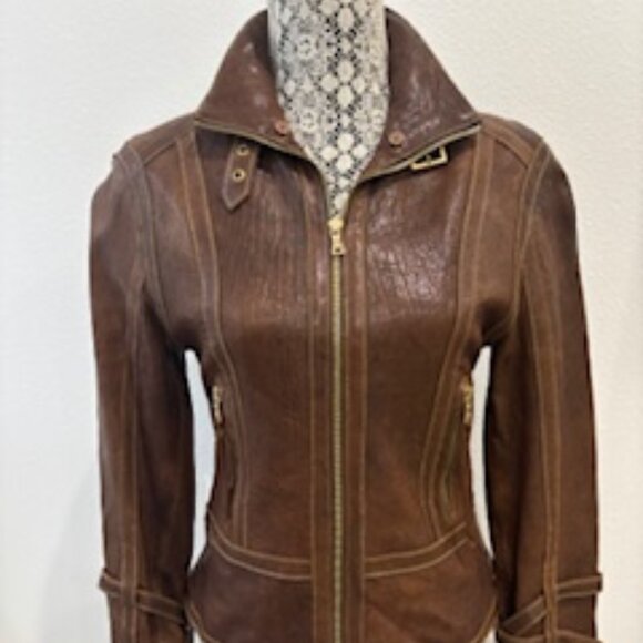 Andrew Marc New York Brown Leather Moto Jacket Small - Picture 1 of 7